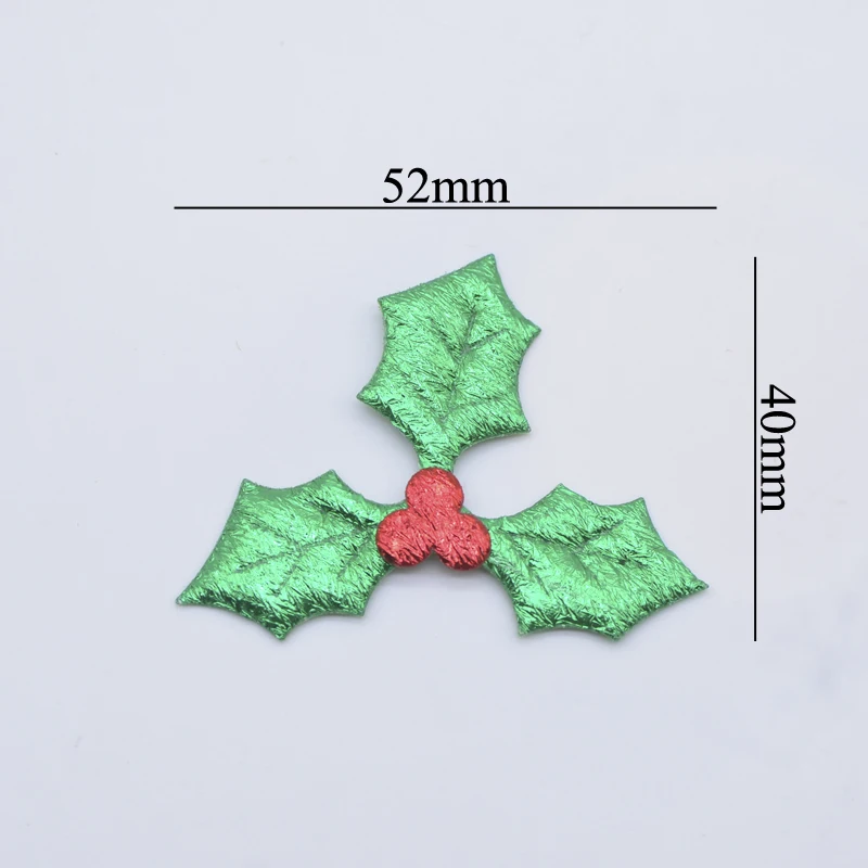 50Pcs 52*40 Holly Leaf and Red Berry Cloth Applique for Christmas Tree Table Decor Hat Headwear Stick-on Accessories Patches
