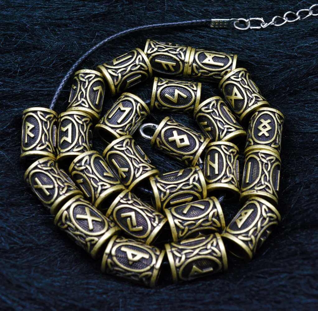 24pcs/Set Futhark Viking Beard Accessories Runes Tube Spacer 6mm Hole Beads Charms for Hair/Necklace/Bracelet DIY Jewelry Making