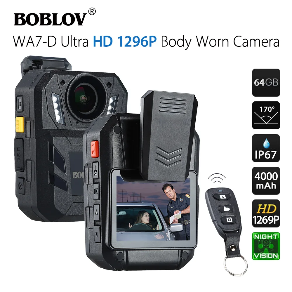 BOBLOV-cámara corporal portátil Ambarella A7, WA7-D, 64GB, 32MP, HD, 1296P, grabadora de vídeo de seguridad, batería de 4000mAh con Control remoto