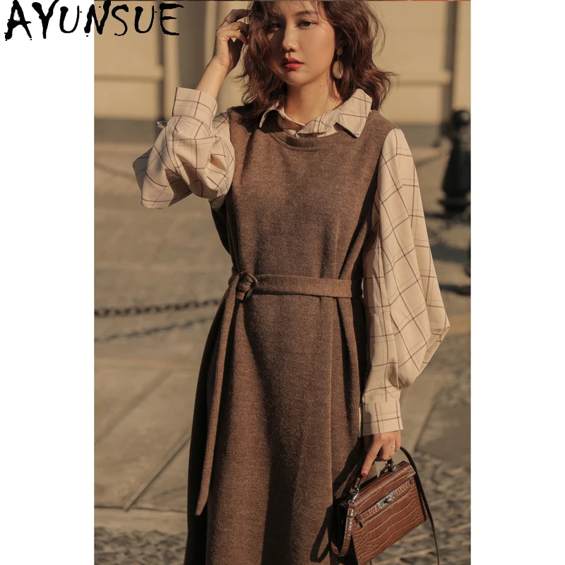 

AYUNSUE High Waist Knitted Dress Female Long Sleeve Dresses for Women Spring Autumn Elegant Vintage Dress 2021 Roupas Feminina