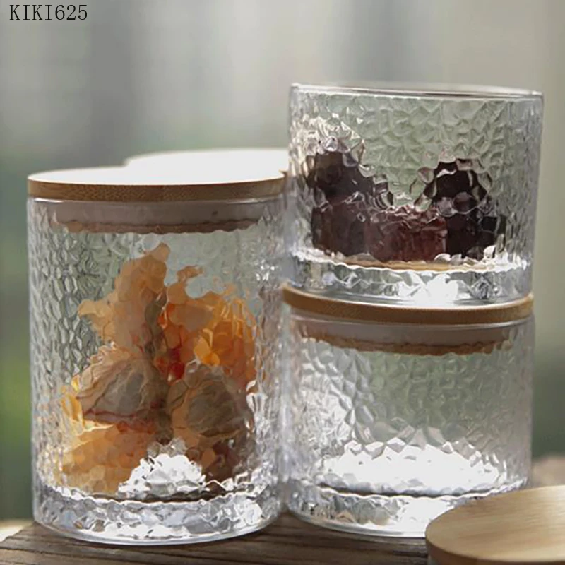 Hammered Glass Storage Tin Tea Cans with Bamboo Lids Household Large-capacity Sealed Food Coffee Bean Storage Jars Seasoning Box