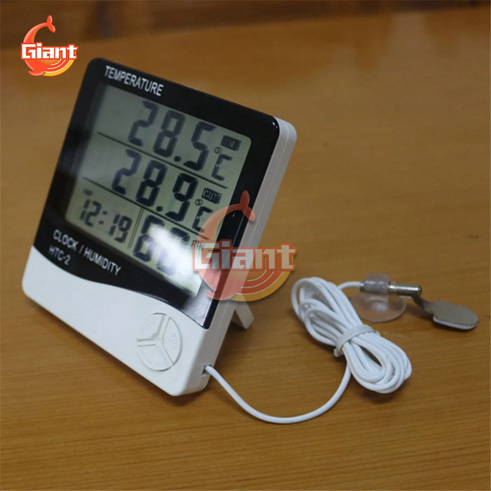 New LCD Electronic Digital Temperature Humidity Meter Thermometer Hygrometer Indoor Outdoor Weather Station Clock HTC-2