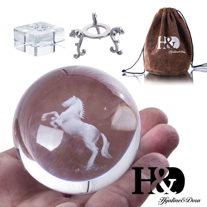 

H&D 60mm 3D Laser Engraved Horse Healing Ball Quartz Spheres Wedding Xmas Gift Art Craft Paperweight with Glass & Metal Stand