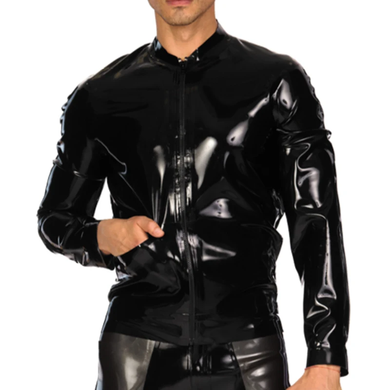 Black Sexy Latex Jacket With Zippers Pockets And High Collar Rubber Coat YF-0279