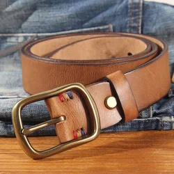 Vintage Thick Cowhide Belt Men's Pure Copper Button Top Cowhide All-match Casual Jeans Belt High Quality Retro Luxury Men Belt
