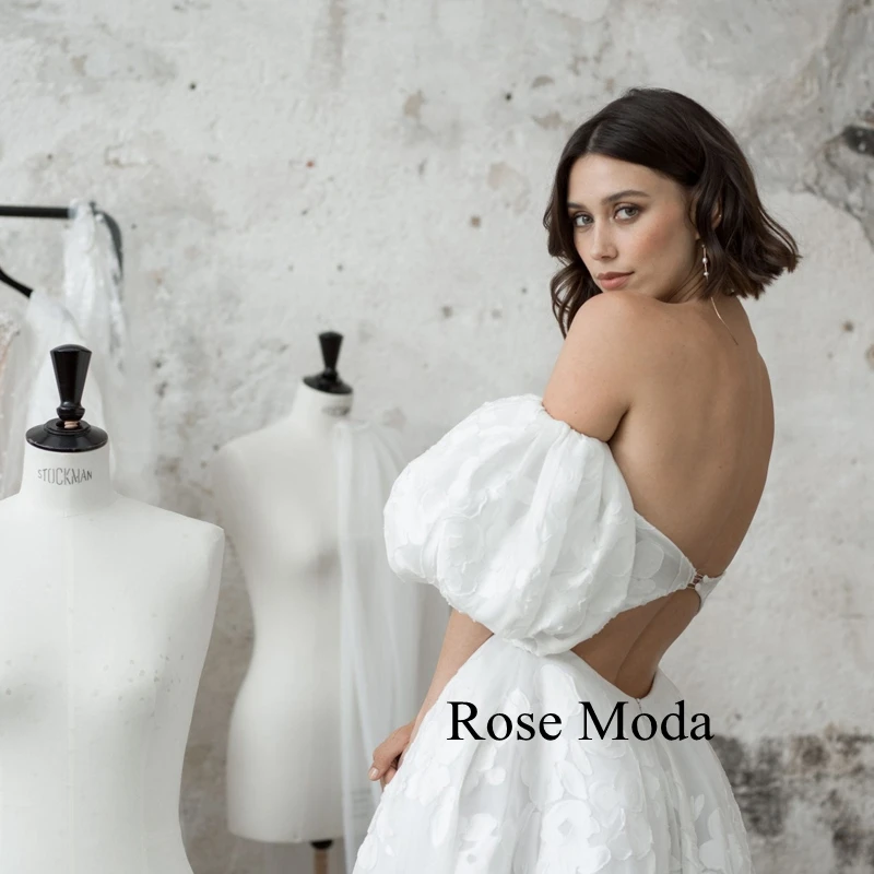 Rose Moda Removable Puff Sleeves Floral Organza Boho Wedding Dress with Slit Backless Destination Bridal Gown