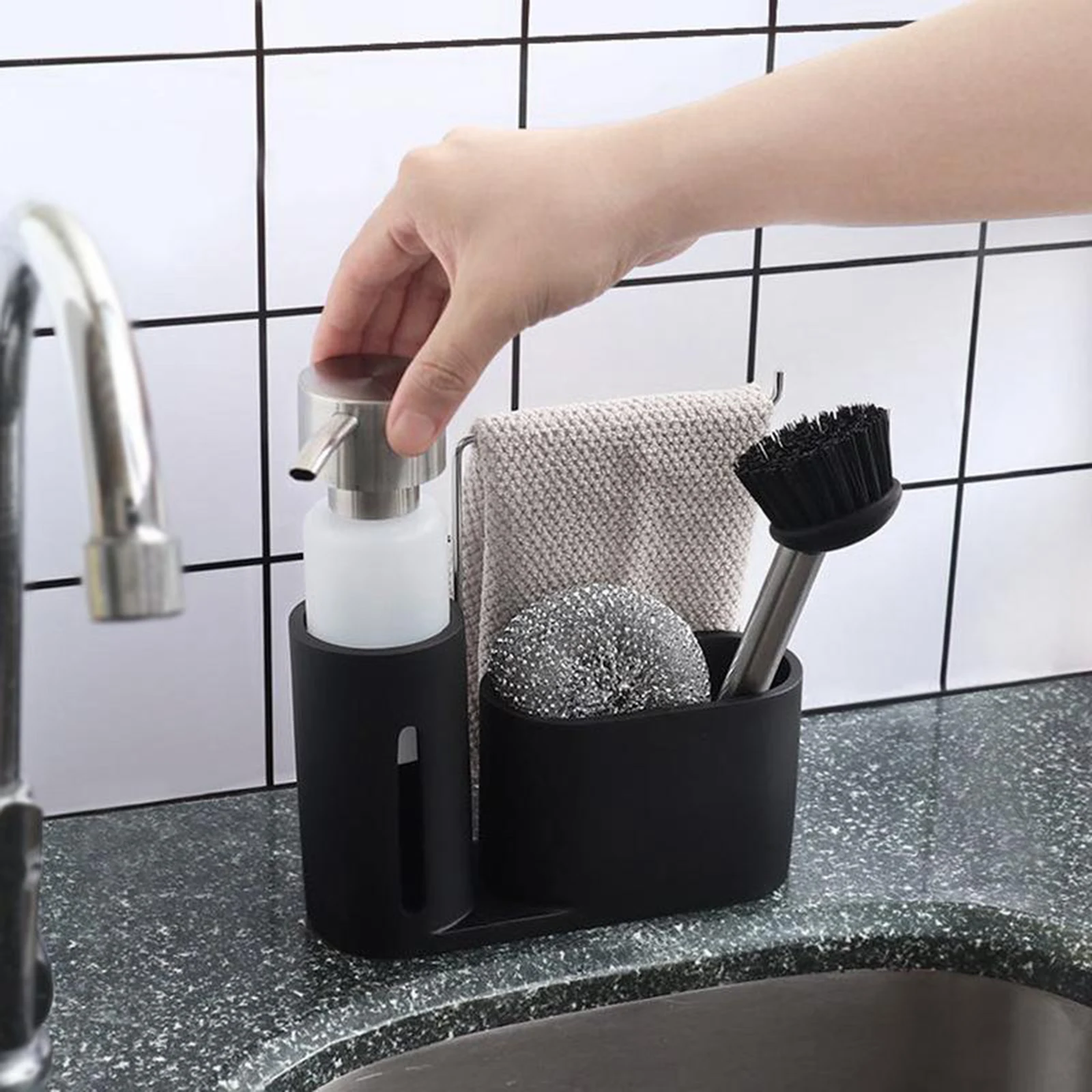 Premium Kitchen Cleaning Kit Soap Dispenser Detergent Steel Ball Brush Storage Organizer Holder Caddy Set for Sink Bathroom