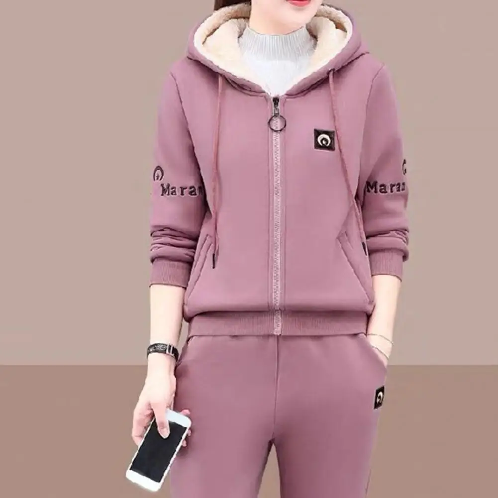 Winter Thickened Lambswool Tracksuit Women Hooded Zip Up Sweatshirt Plus Velvet Pant Suit Casual Two Piece Set chandals mujer