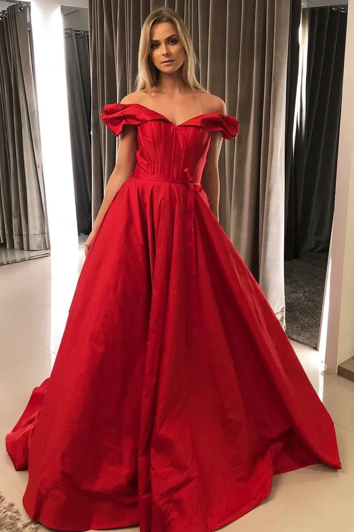 

2020 Princess Off The Shoulder A Line Prom Evening Dresses Satin Sweep Train Red Prom Gowns For Special Occasion Wear