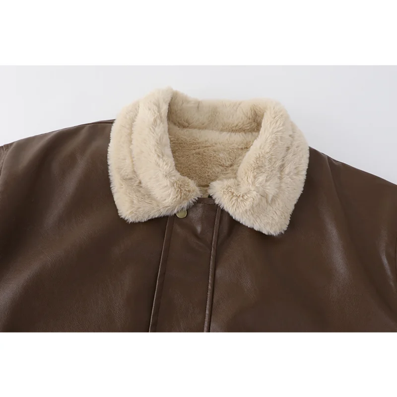 Veste en cuir patchwork en peluche pour femme, manteau en fausse fourrure, col en fourrure, noir, streetwear chaud UNIS issant Baggy, haut de vêtements, hiver