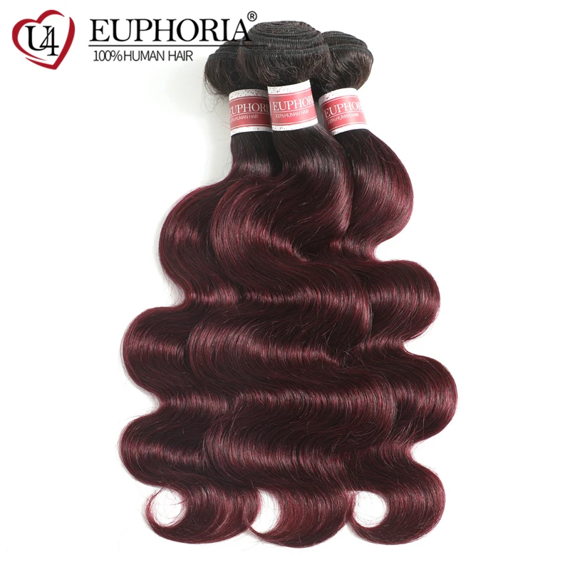 Bundel Rambut Gelombang Tubuh dengan Bagian Depan 13X4 Ombre 99J Rambut Manusia Remy Brasil Merah Anggur 3 Bundel dengan Penutup Euforia Bagian Depan