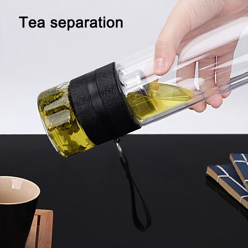 325ml Glass Water Bottles for Dink Tea with Infuser Double Wall Bottle for Water Brief Portable Outdoor Travel Beige & Black