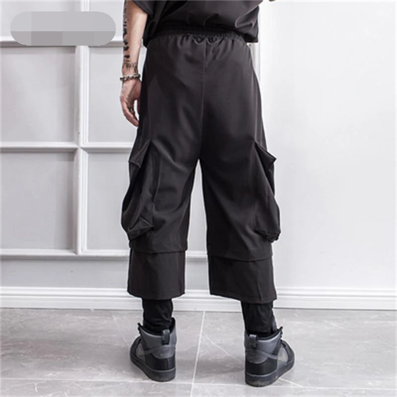 Men's Slacks Spring Slacks Overalls Men's Hip Hop Faux Two-Piece Stretch Slacks Black Yamamoto Style
