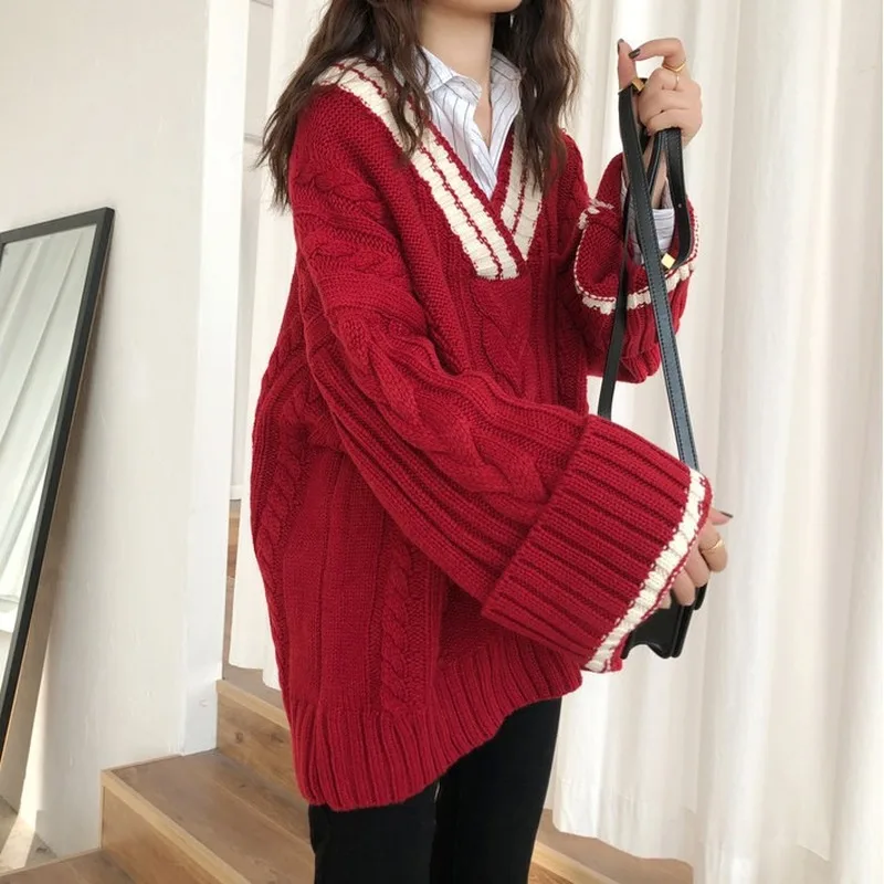 Sweaters Women Korean Patchwork Design V-neck Thicker Soft Winter Fall Vintage Flare Sleeve Lady Knitwear Preppy Femme Pullovers