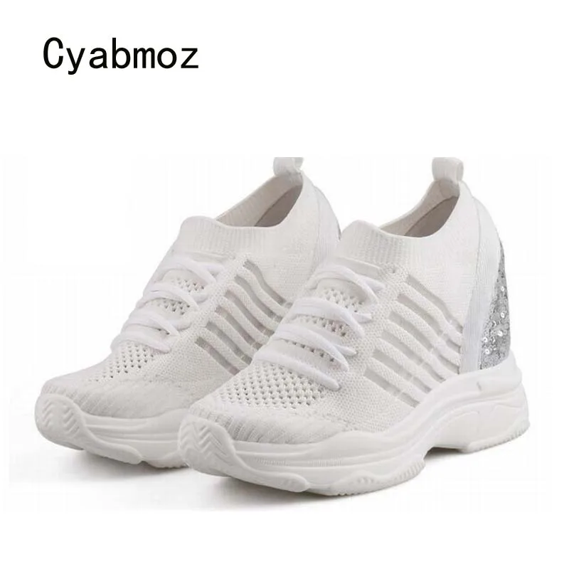 Cyabmoz New Women Sneakers Sexy High heels Height increasing Platform Shoes Sequin Woman Hollow Breathable Ladies Casual Shoes