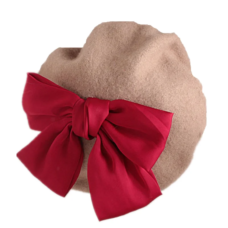 Autumn Winter Kids Fashion Wool Red Big Bowknot Beret For Girls Children Beanie Painter Cap Baby Hats Bonnet