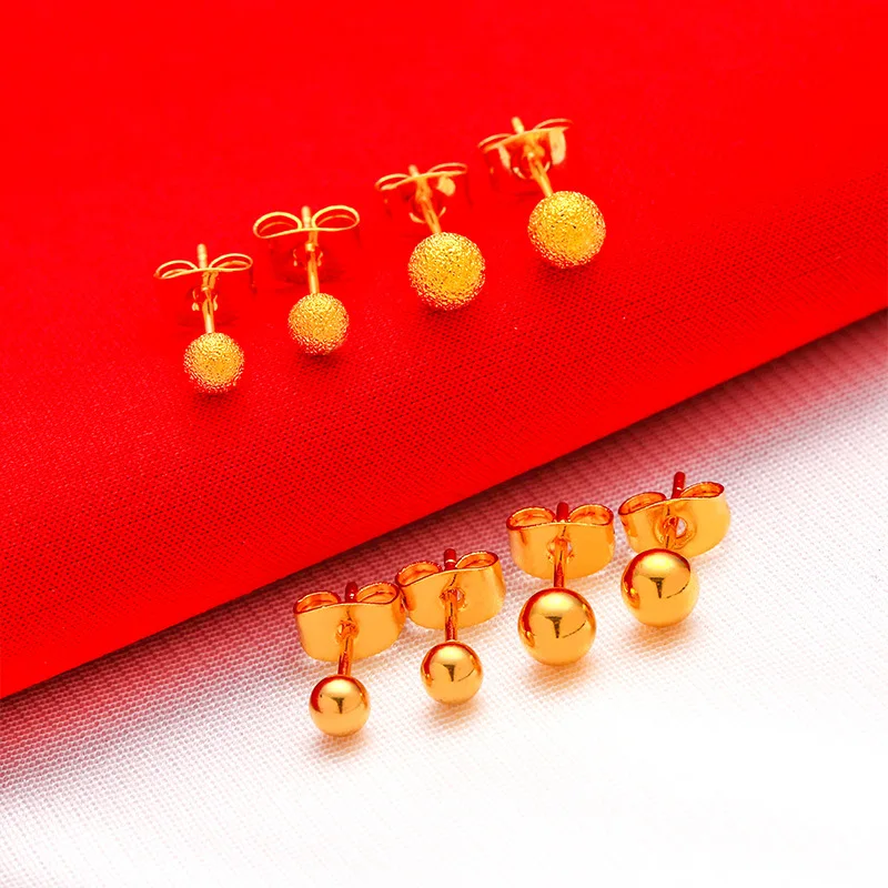 QEENKISS-pendientes de tuerca de oro 24KT para mujer, Bola de 4/5mm, pendientes mate, joyería de fiesta de boda, regalo al por mayor, Envío Gratis