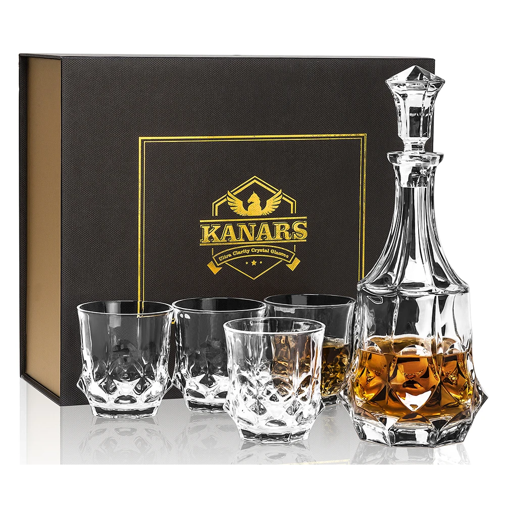 

Crafted Whiskey Decanter Set with 4 Crystal Glasses in Gift Box, Rock Barware for Party Wedding Birthday Housewarming