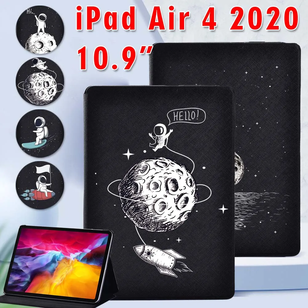 Flip Tablet Case for Apple IPad Air 4 10.9 Inch 2020 Astronaut Pattern PU Leather Stand Fold Cover + Free Stylus