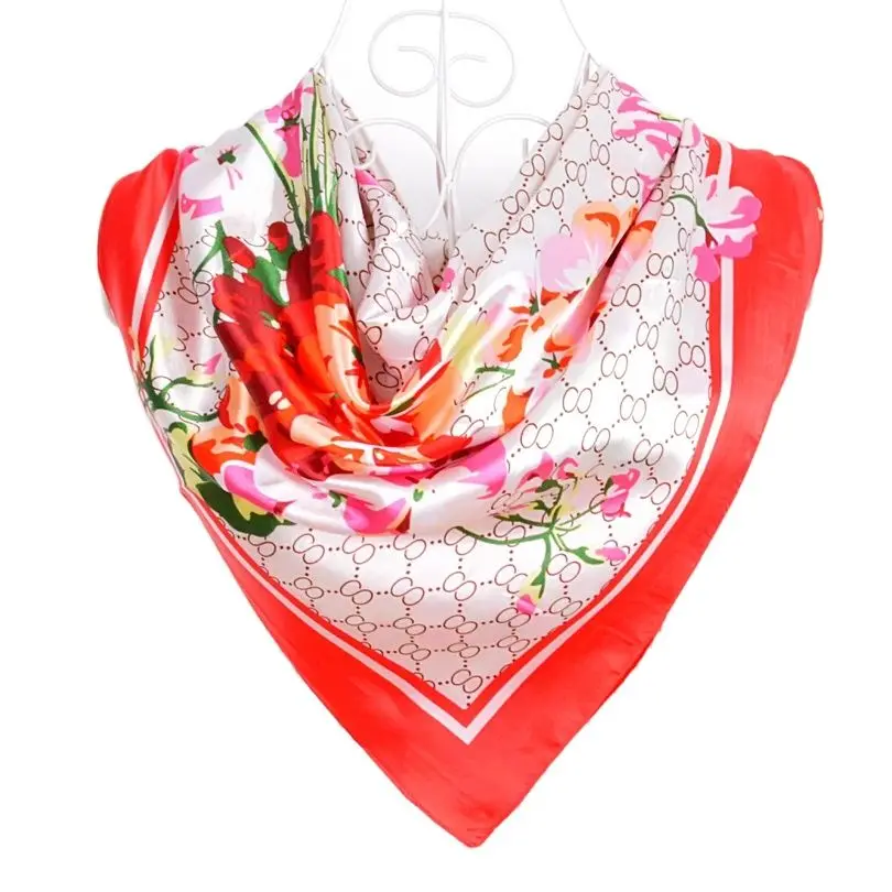 BYSIFA Women Satin Silk Scarf Hijab Brand Blue Pink Red Floral Pattern Square Scarves Wraps Spring Autumn Muslim Head Scarf Cape