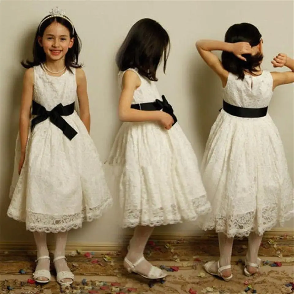 Long Flower Dress For Little Girl O-Neck First Communion Dresses Hand Made Flowers Birthday Gown Black Sash Prom Dress Cheap Pag