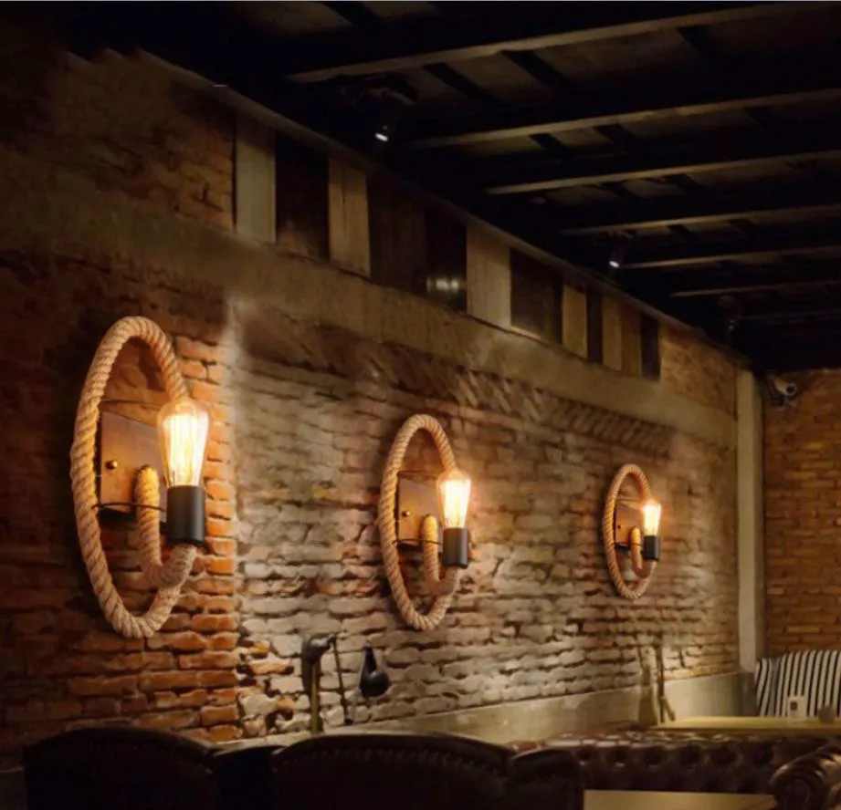 American Retro Round Rope Hemp Rope Edison Bulb Wall Light Aisle Balcony Stairs Bar Coffee Shop Iron Wall Lamp