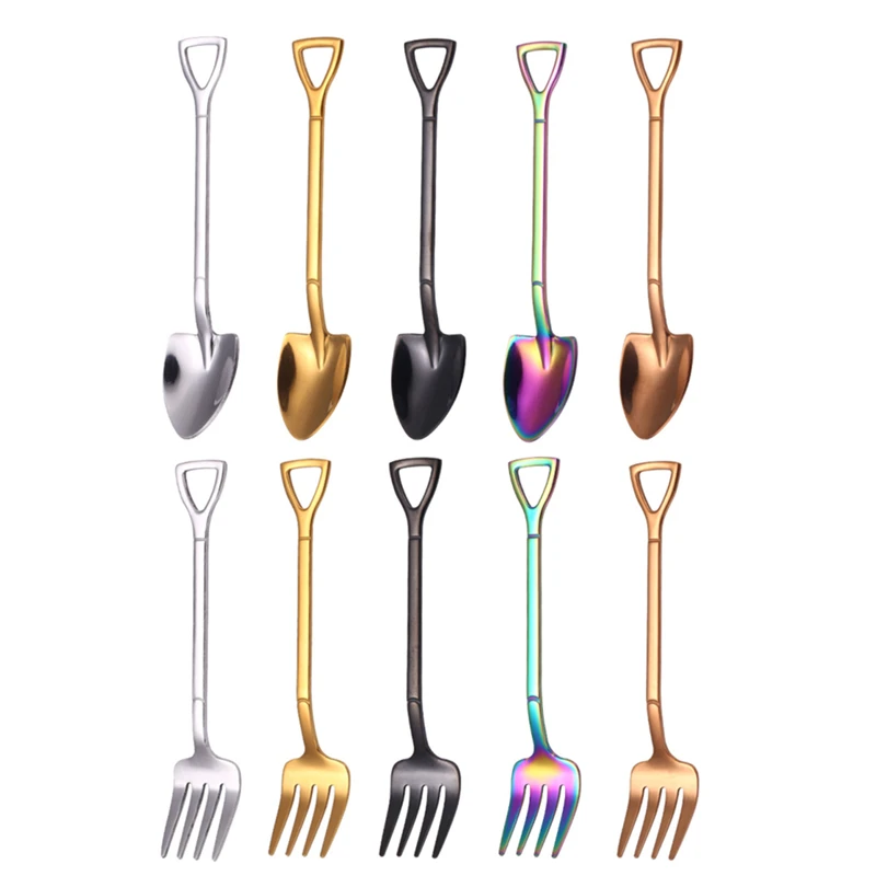 

10PCS Stainless Steel Shovel Coffee Spoon Ice Cream Scoop Dessert Spoons Forks Birthday Gift Tableware Set Shovel Tea-spoon