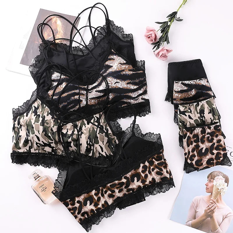 Sexy Leopard Print Women‘s Underwear Set Temptation Lace Bralette Wire Free Push Up Brassiere Female Lingerie 2-Pieces Suit