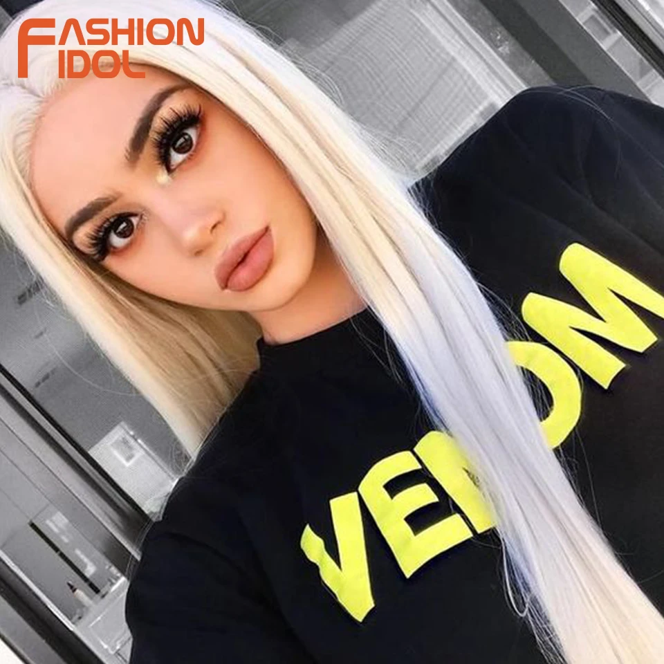 FASHION IDOL 4x4 Lace Front Wigs Straight Hair Synthetic Wigs 28 Inch Heat Resistant Fiber Hair Ombre Blonde Long Wigs For Women