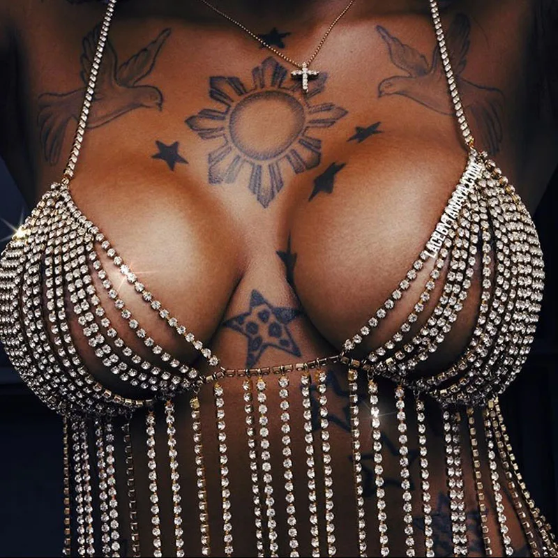 Luxury Sexy Crystal Bikini Body Chain Bra Fashion Rhinestone Tassel Harness ChainThong Nightclub Charm Underwear Jewelry