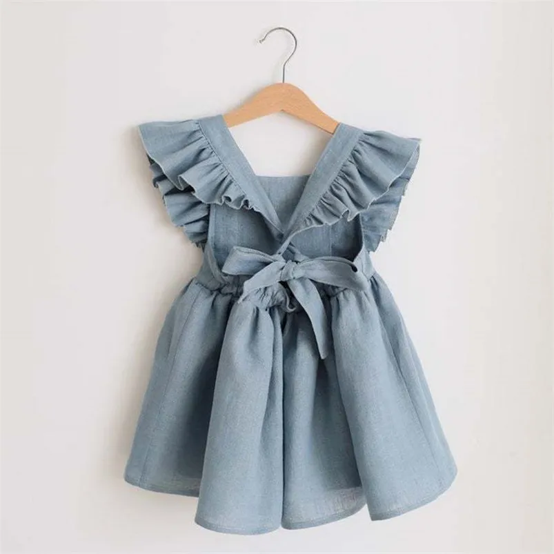 Gaun Strap Anak Perempuan Linen Katun Gaun Pantai Anak Renda Ruffle Pakaian Gaya Bohemian Anak Balita Musim Panas 0-6 Tahun Kleid/Jubah