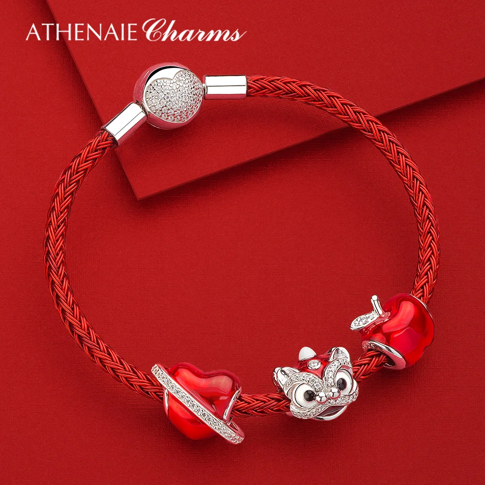 ATHENAIE 925 Sterling Silver Clear CZ Mixed Enamel Chinese Lion Dance Charms Red Enamel Beads Fit Bracelets Gifts For Women