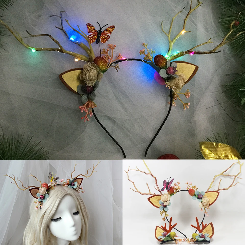 2020 LED Reindeer Antlers Headband Christmas Deer Ear Flower Illuminate Crown Hair Clip Party Hairband Wedding Jewelry Gift