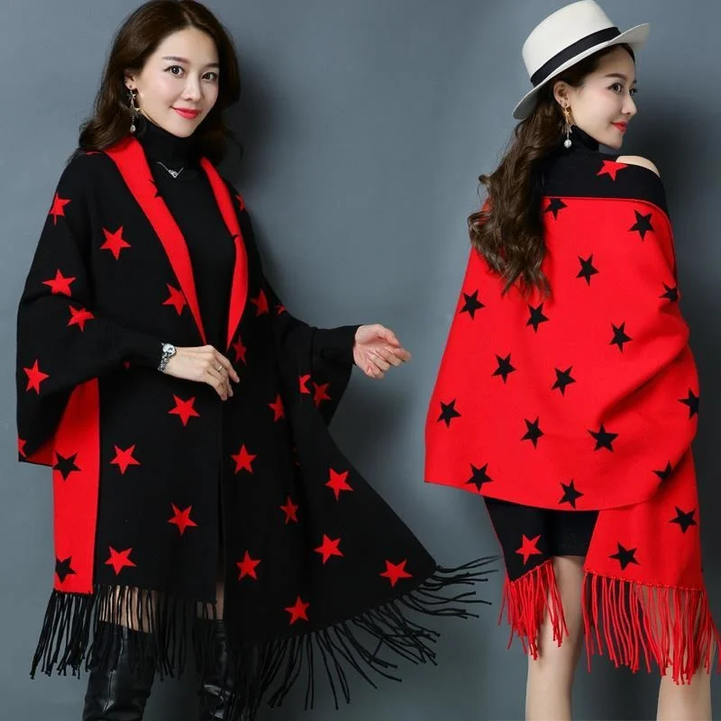 Shawl Sweater Women Cardigan Poncho Autumn Winter Knited Tops Bat Sleeve Loose Cape Jacket Lady Tassel Cloak Coat Korean Clothes