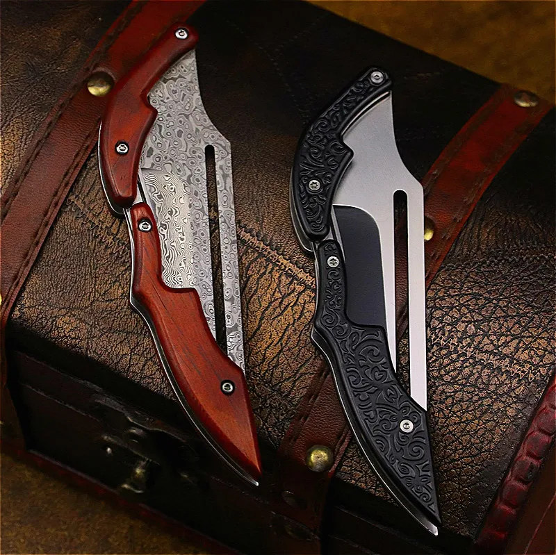 DEHONG Damascus Mechanical folding Knife Fashion D2 steel folding knife outdoor folding knife pocket knife jungle hunting knife