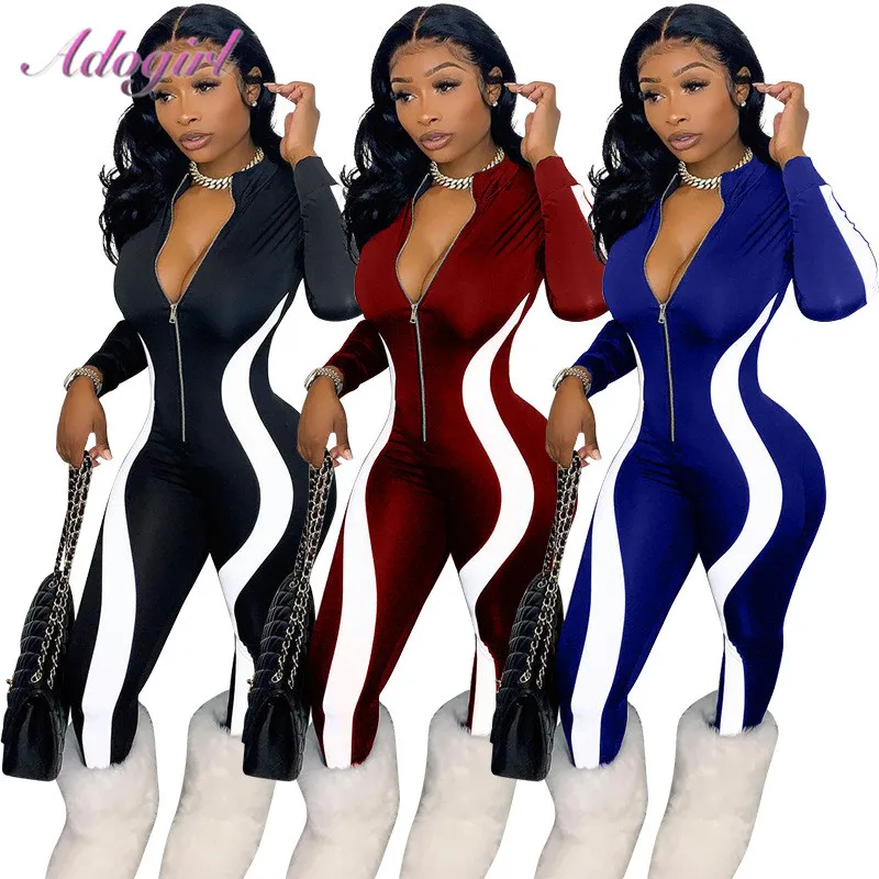 Fitness Sportkleding Rompers Vrouwen Casual Streep Patchwork Lange Mouwen Rits V-Hals Workout Jumpsuit Outfit Eendelig Overall