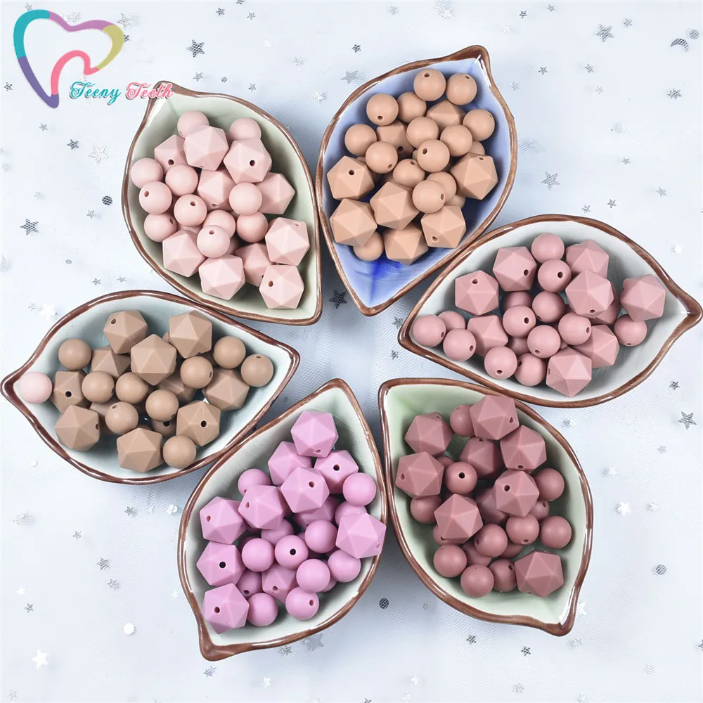 100 PCS New Colors 12-15 MM Silicone Teething Round Loose Beads 14-17 MM Hexagon Geometric Fashion Baby Teething Necklace Perle