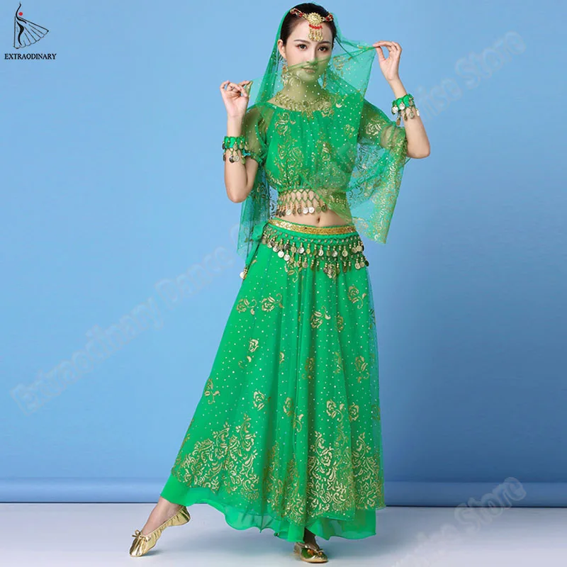 Bollywood Dress Costume Set Indian Sari Women Belly Dance Performance Clothes Chiffon Top+Belt+Skirt Outfit