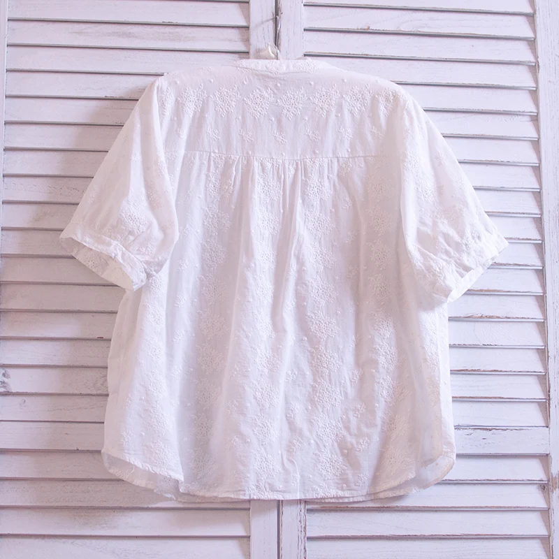 TIYIHAILEY-Tops de algodón de manga corta para mujer, blusa holgada con bordado de estilo japonés, color blanco, para verano, envío gratis