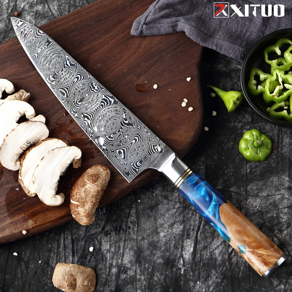

XITUO 8-inch Chef's Knife Japan Damascus Steel VG10 Cutting Knife Bread Knife Blue Resin Wood Handle Kitchen Cooking Tools