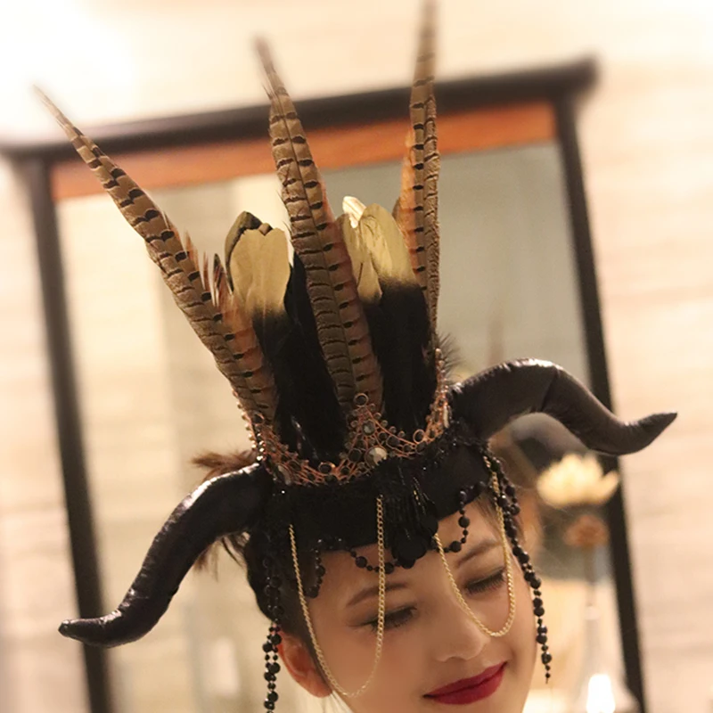 

Cosplay Headpiece Masquerade Party Gothic Creative Ox Horns Queen Crown Headdress Fashion Show Costumes Accessories