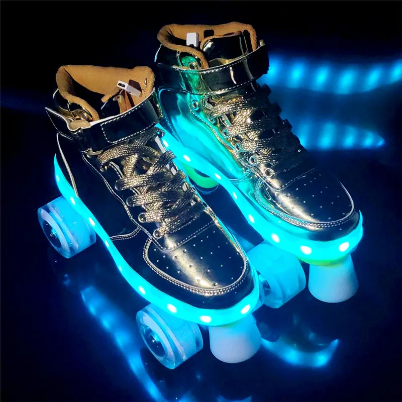 Baru Datang Flash LED 7 Warna Dapat Diisi Ulang Sepatu Roda Baris Ganda 4 Roda PU Tahan Lama Outdoor Dewasa Anak-anak Wanita pria Patines Sepatu