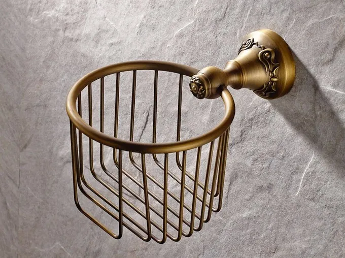 Bathroom Accessory Antique Brass Carved Flower Pattern Bathroom Wall Mounted Toilet Paper Roll Holder Shower Shelf Basket aba426