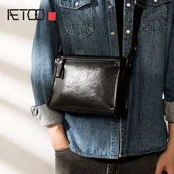 AETOO Genuine leather men's messenger bag, fashionable simple shoulder bag, first layer cowhide casual mobile phone bag