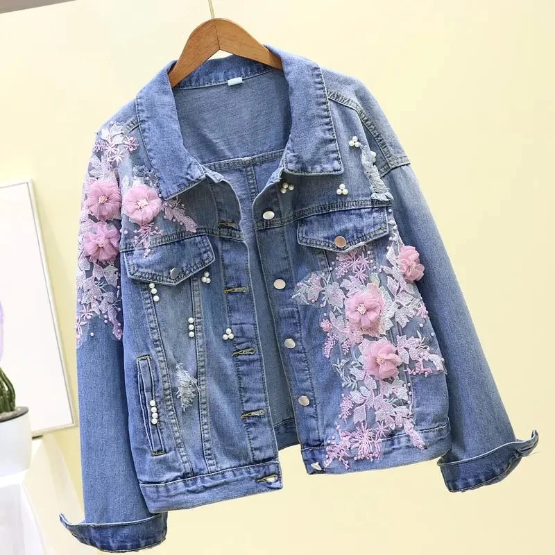 

2024Spring And Autumn New Coat Female Cowboy Clothes Heavy Industry Embroidery Flowers Ripped Denim Short Jacket Women L387