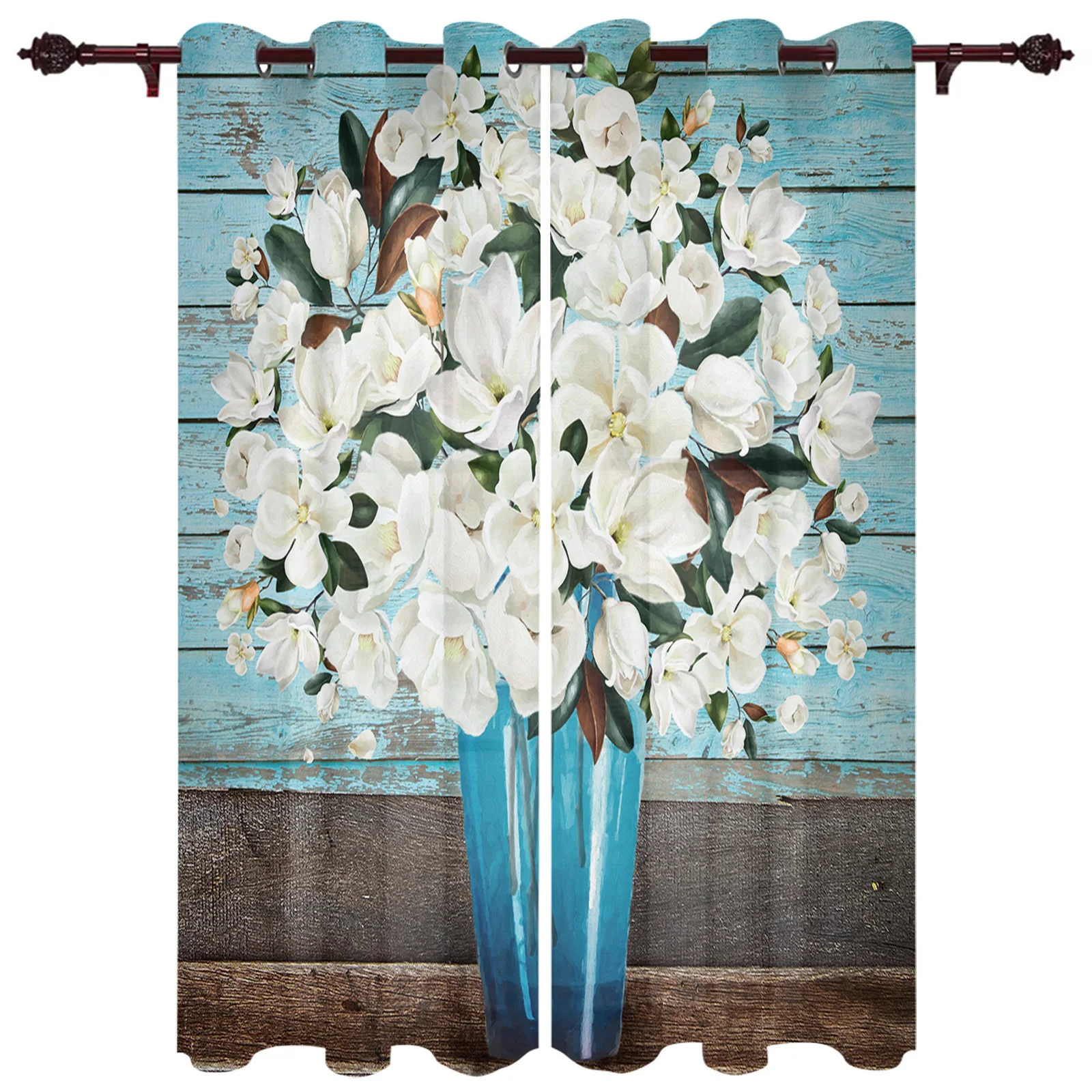 Magnolia Flower Vintage Wood Grain Window Curtains Bedroom Kitchen Drapes Panel Curtains for Living Room Christmas Home Decor