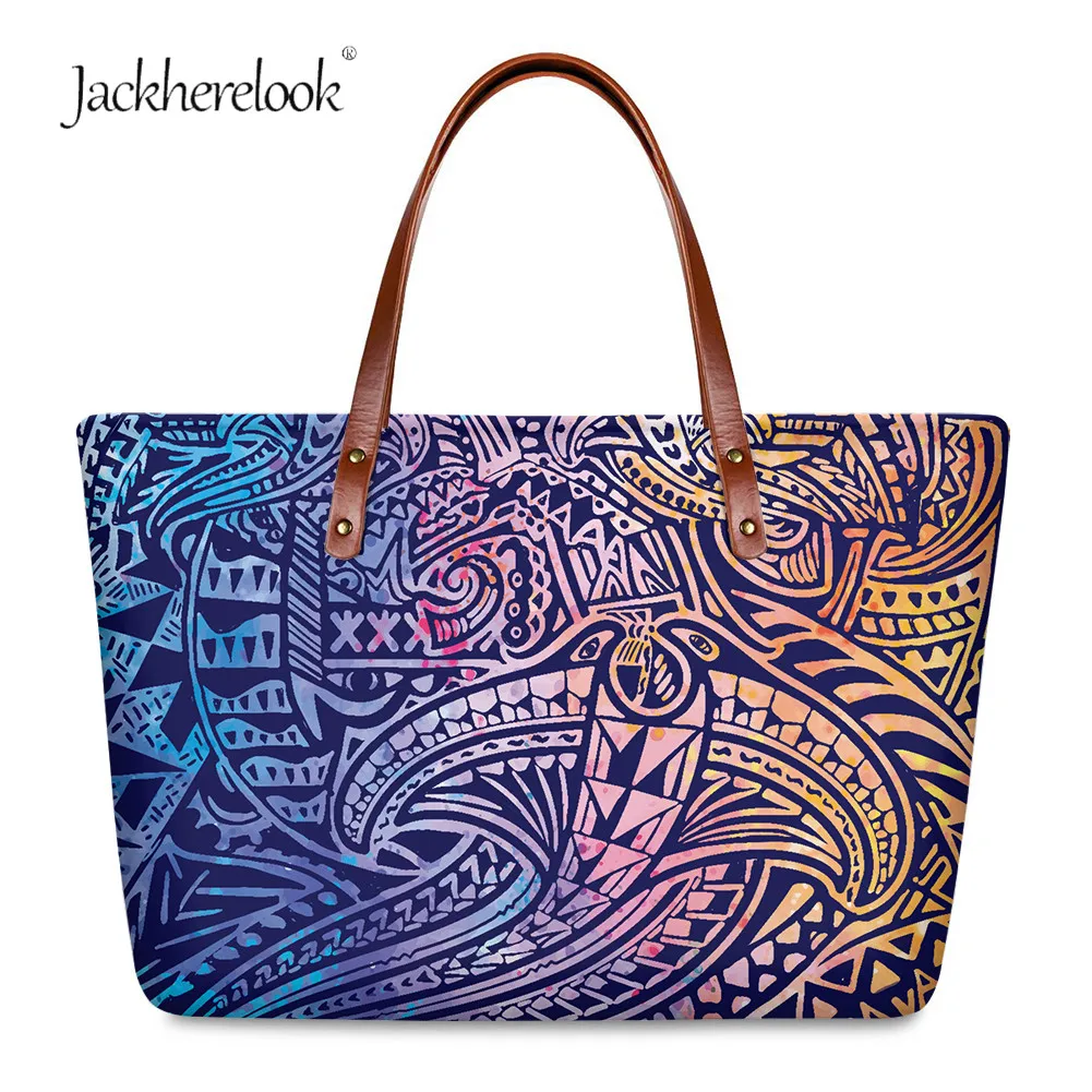 

Jackherelook Enthic Gradient Polynesian Prints Handle Tops Large Capacity Handbags Female Outdoor Travel Shopping Daily Tote Bag