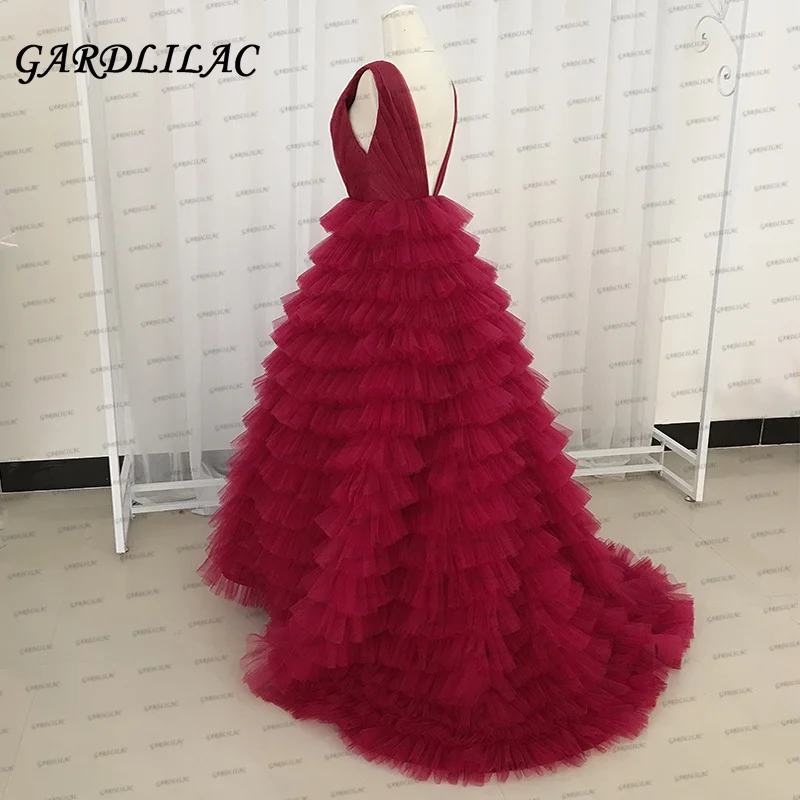 Gardlilac New Deep V-Neck Tulle Evening Dress 2021 Long Backless Tiered Tulle Prom Dress Formal Party Gown 2021 robe de soiree