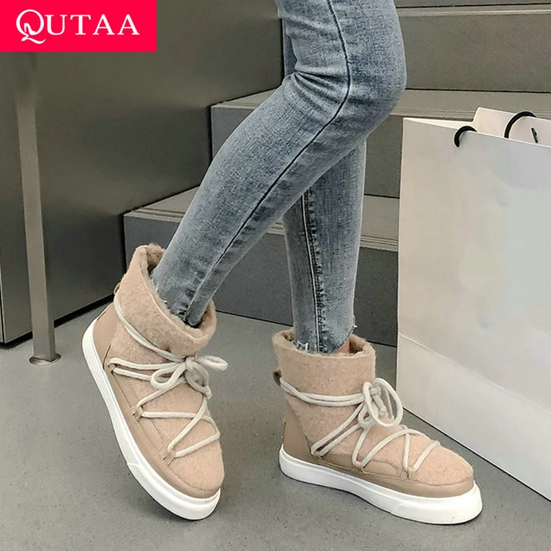 

QUTAA 2022 Autumn Winter Ankle Boots Flat Heel Slip on Women Shoes Snow Boots Genuine Leather Round Toe Short Boots Size 34-42