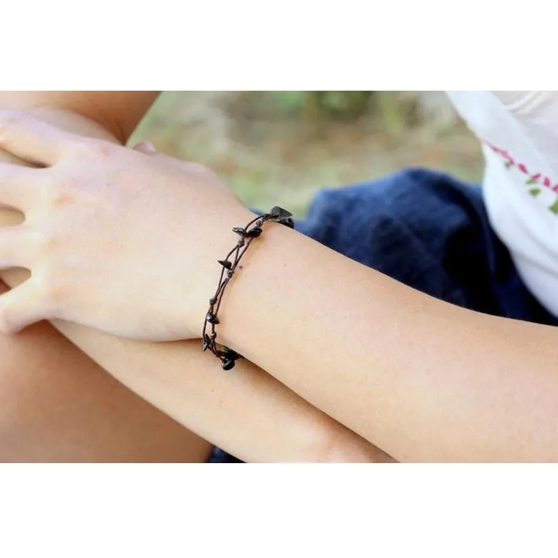 Simple Black Obsidian Chip Stone Adjustable Unisex Multilayer Leather Bracelet Anklet